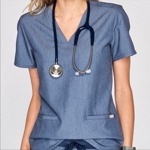 FIGS WOMEN’S- heather denim (?) THREE POCKET SCRUB TOP